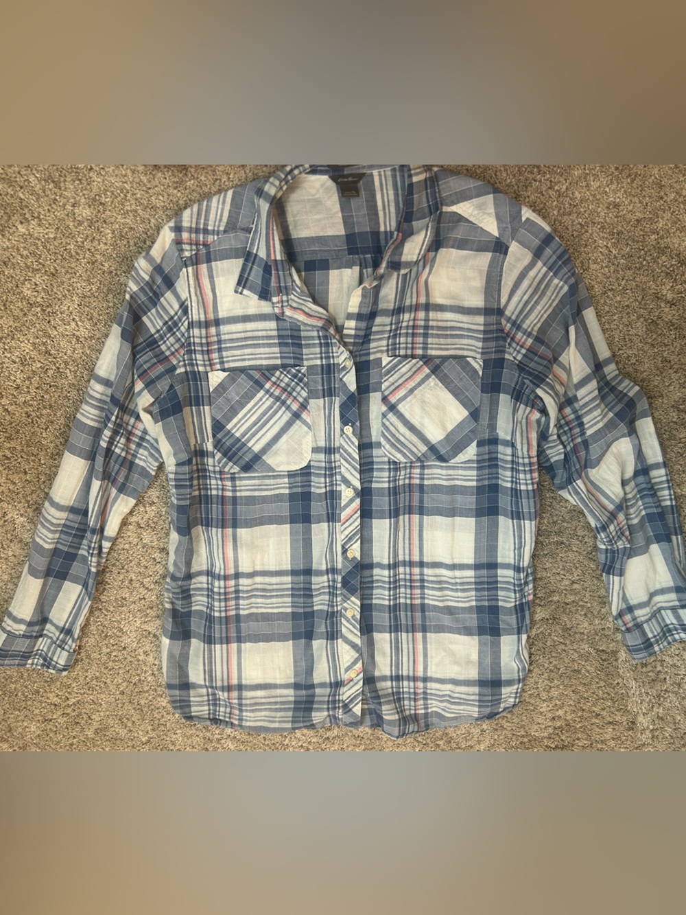 Eddie Bauer Classic Fit Plaid Button Down Shirt Blue Pink White Women's Size XL